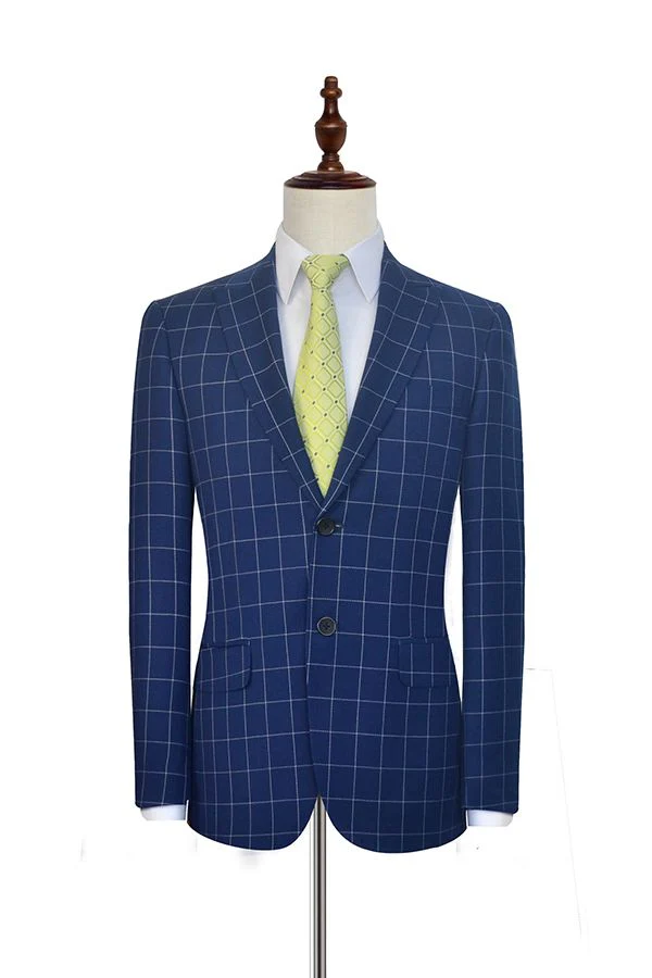 Flap Pocket Peak Lapel Grey Checked Navy Blue Mens Suits - Image 3