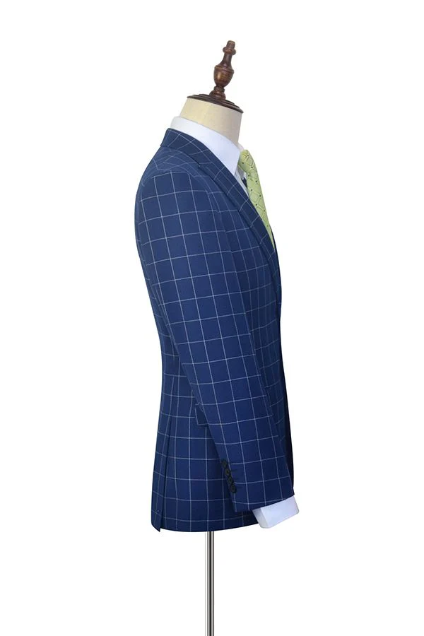 Flap Pocket Peak Lapel Grey Checked Navy Blue Mens Suits - Image 4