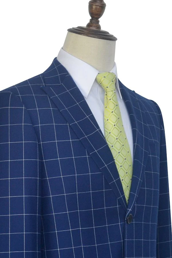 Flap Pocket Peak Lapel Grey Checked Navy Blue Mens Suits - Image 5