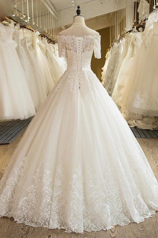 Floor Length Applique Ball Gown Off the Shoulder Lace Tulle 1/2 Sleeves Wedding Dresses - Image 3
