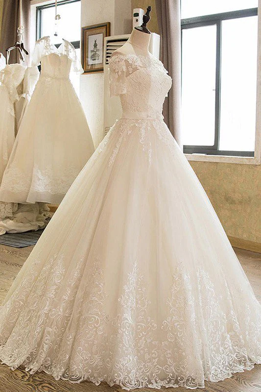 Floor Length Applique Ball Gown Off the Shoulder Lace Tulle 1/2 Sleeves Wedding Dresses - Image 4