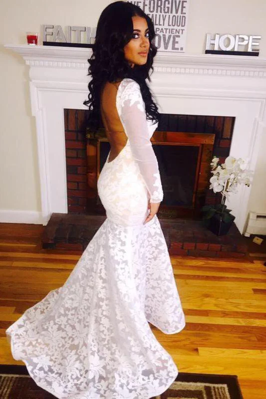 Floor Length Mermaid Long Sleevess Scoop Applique Lace Wedding Dresses - Image 2