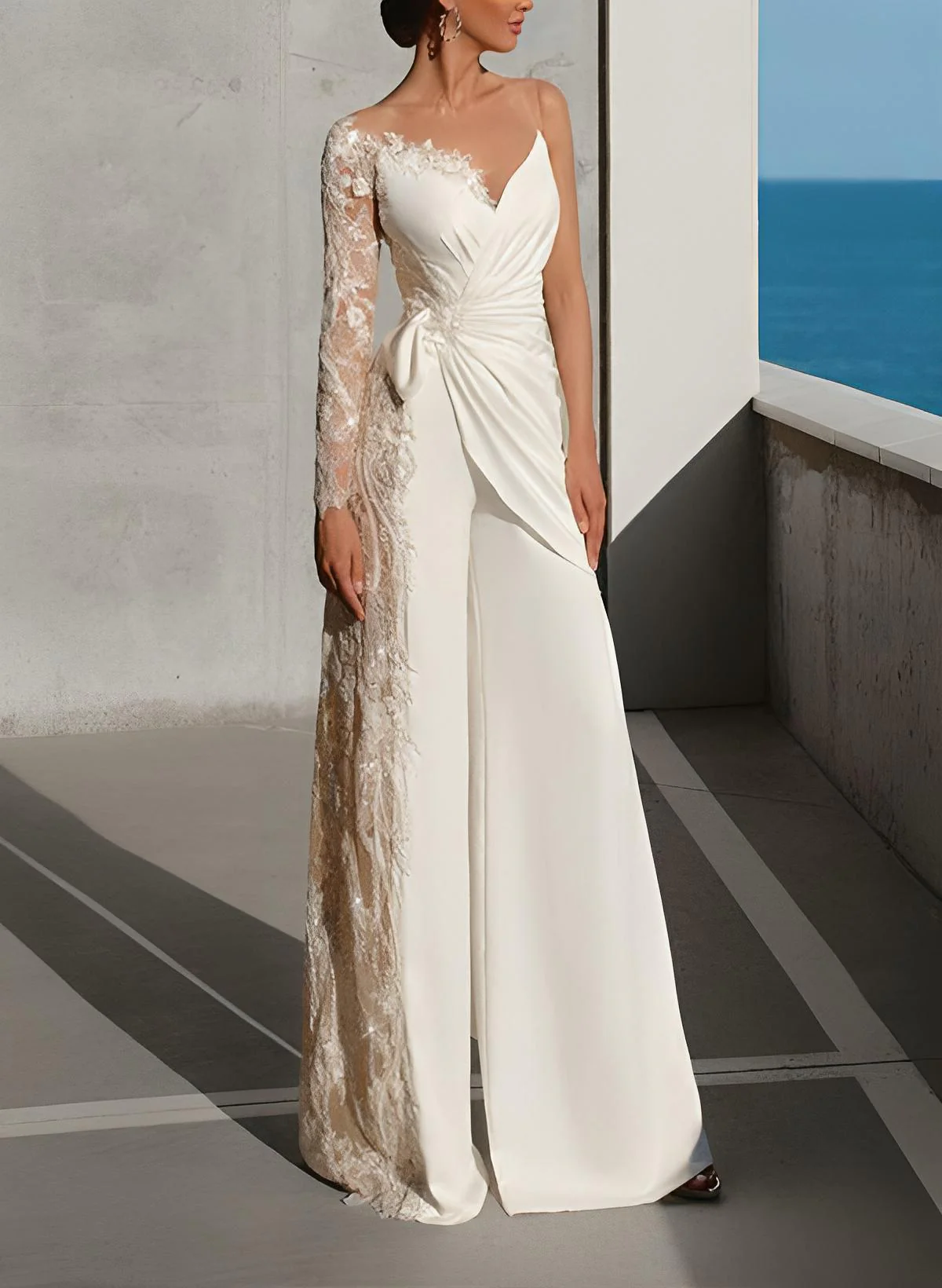 Floor-Length Wedding Jumpsuit Appliques Lace Long Sleeves - Image 2