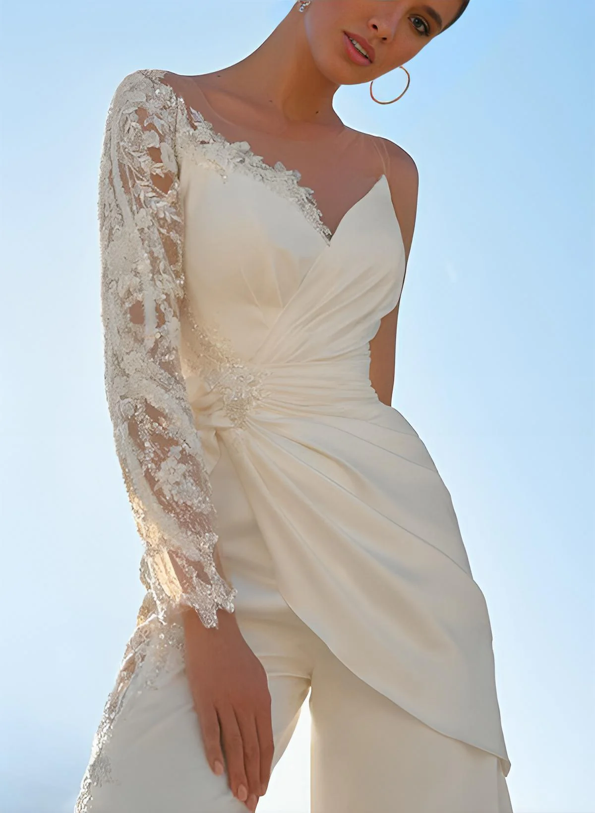 Floor-Length Wedding Jumpsuit Appliques Lace Long Sleeves - Image 3