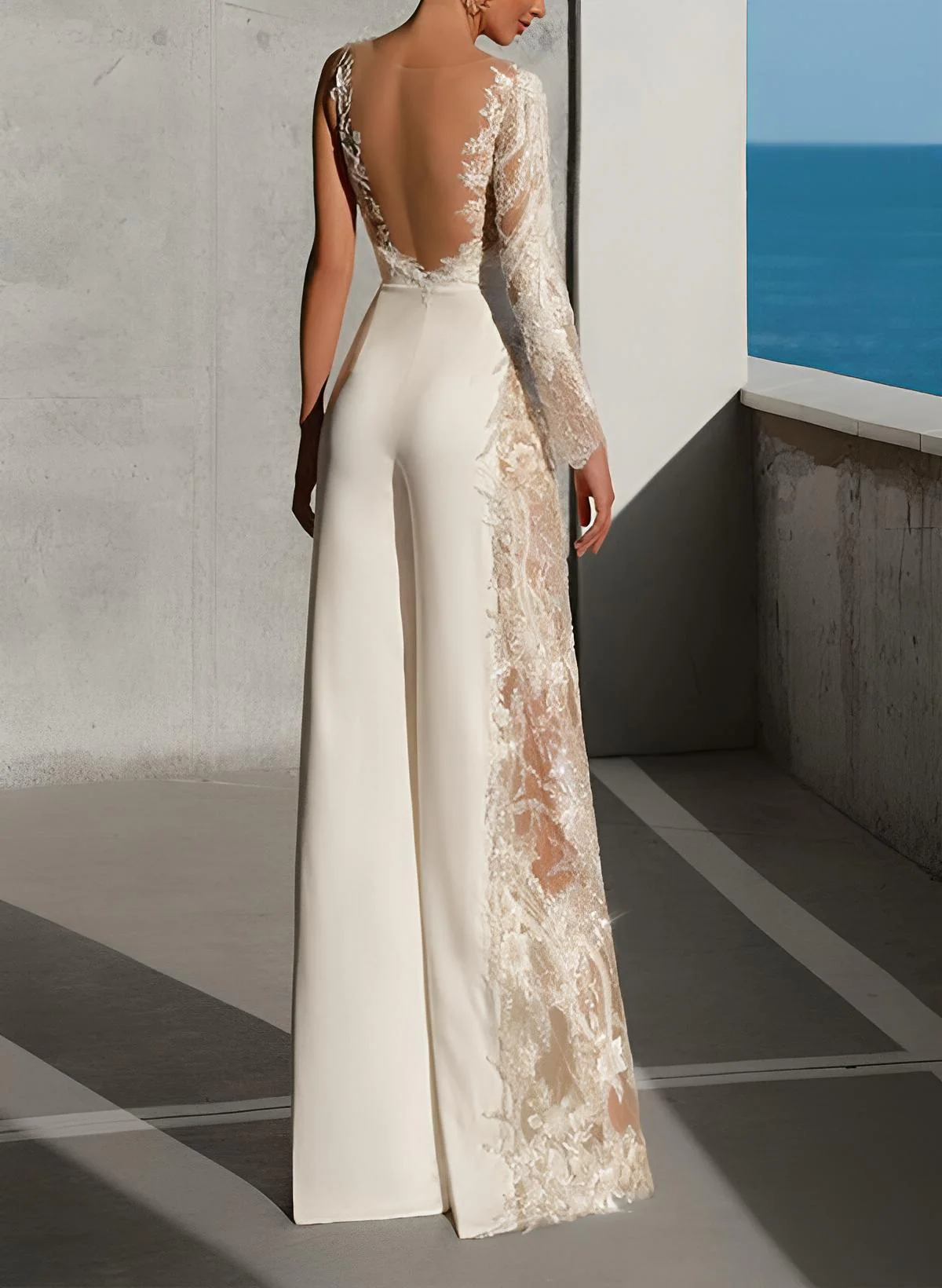 Floor-Length Wedding Jumpsuit Appliques Lace Long Sleeves - Image 4