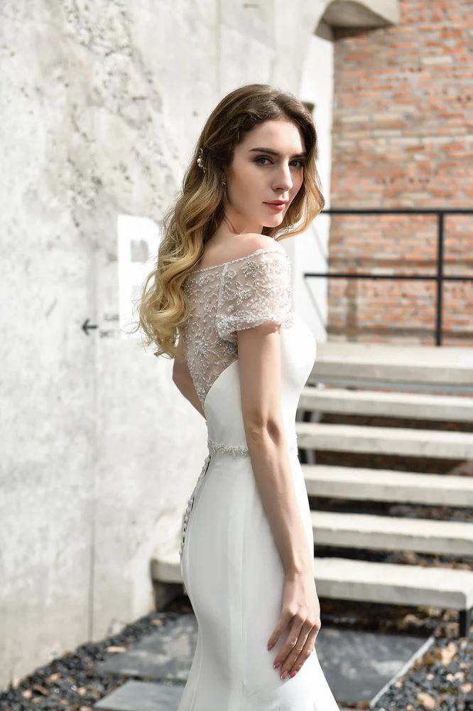 Floral Beaded Cap Sleeve Mermaid Lace Ivory Wedding Dress with Chapel Train - Image 10