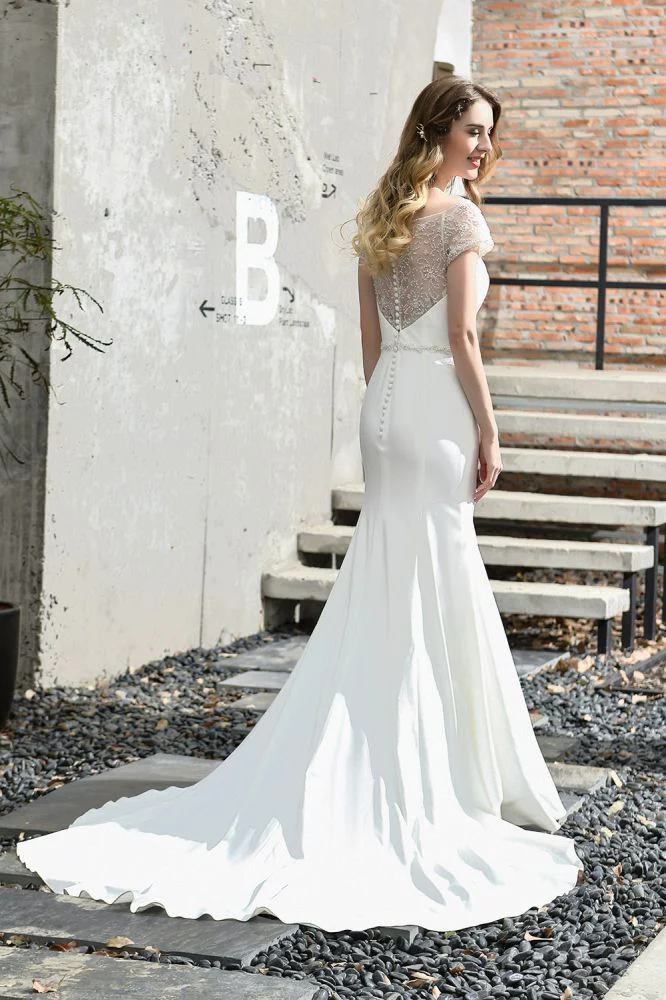 Floral Beaded Cap Sleeve Mermaid Lace Ivory Wedding Dress with Chapel Train - Image 2