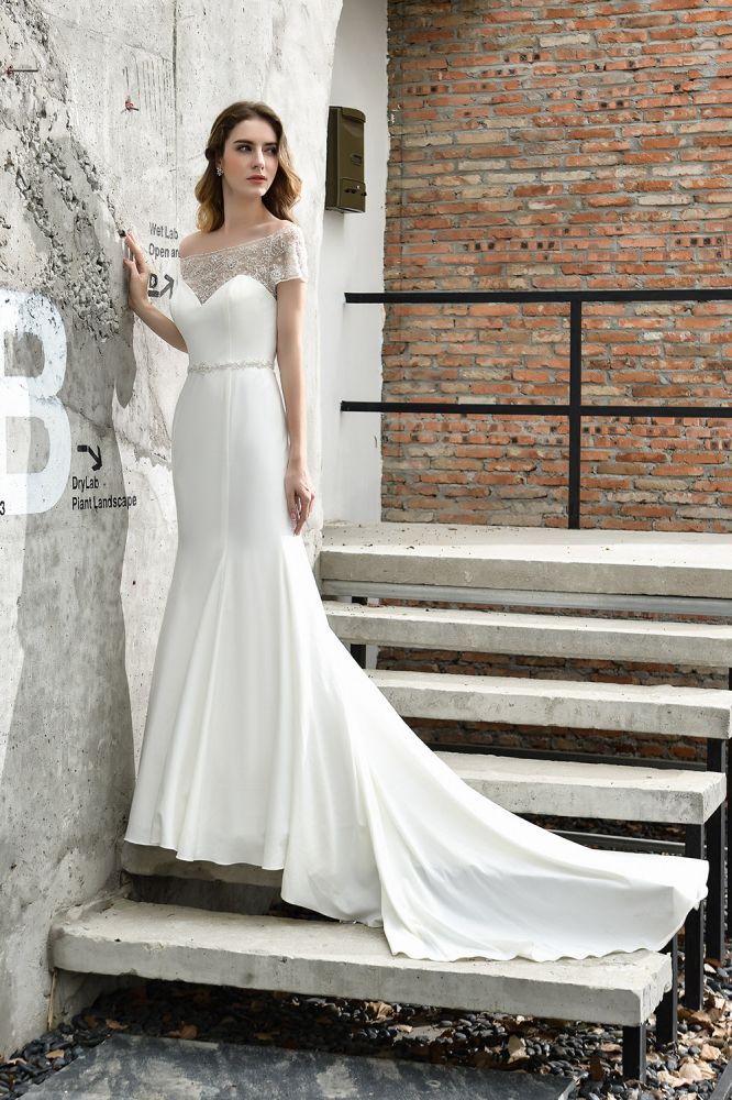 Floral Beaded Cap Sleeve Mermaid Lace Ivory Wedding Dress with Chapel Train - Image 3