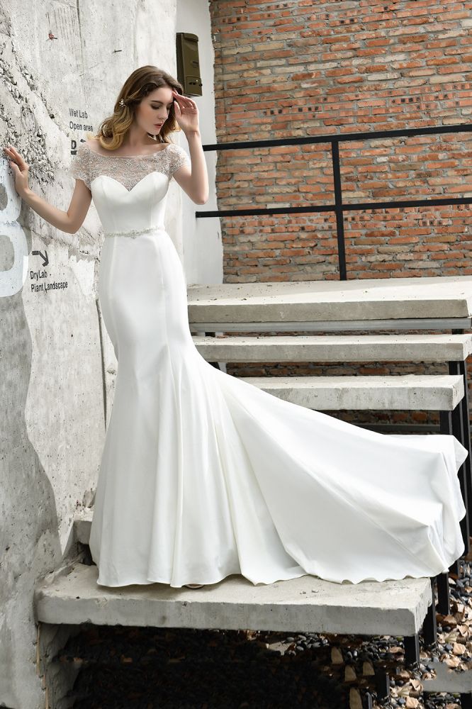Floral Beaded Cap Sleeve Mermaid Lace Ivory Wedding Dress with Chapel Train - Image 4