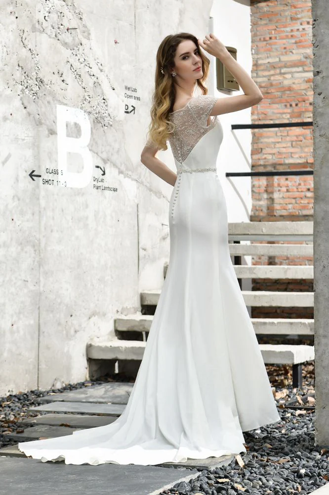 Floral Beaded Cap Sleeve Mermaid Lace Ivory Wedding Dress with Chapel Train - Image 5