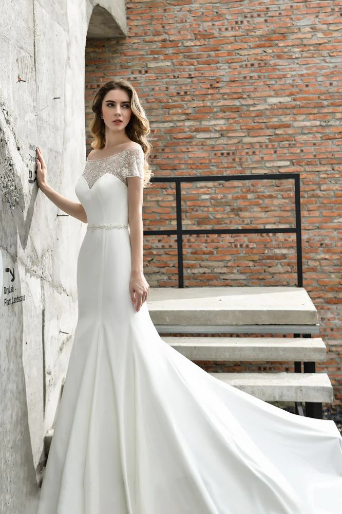 Floral Beaded Cap Sleeve Mermaid Lace Ivory Wedding Dress with Chapel Train - Image 6