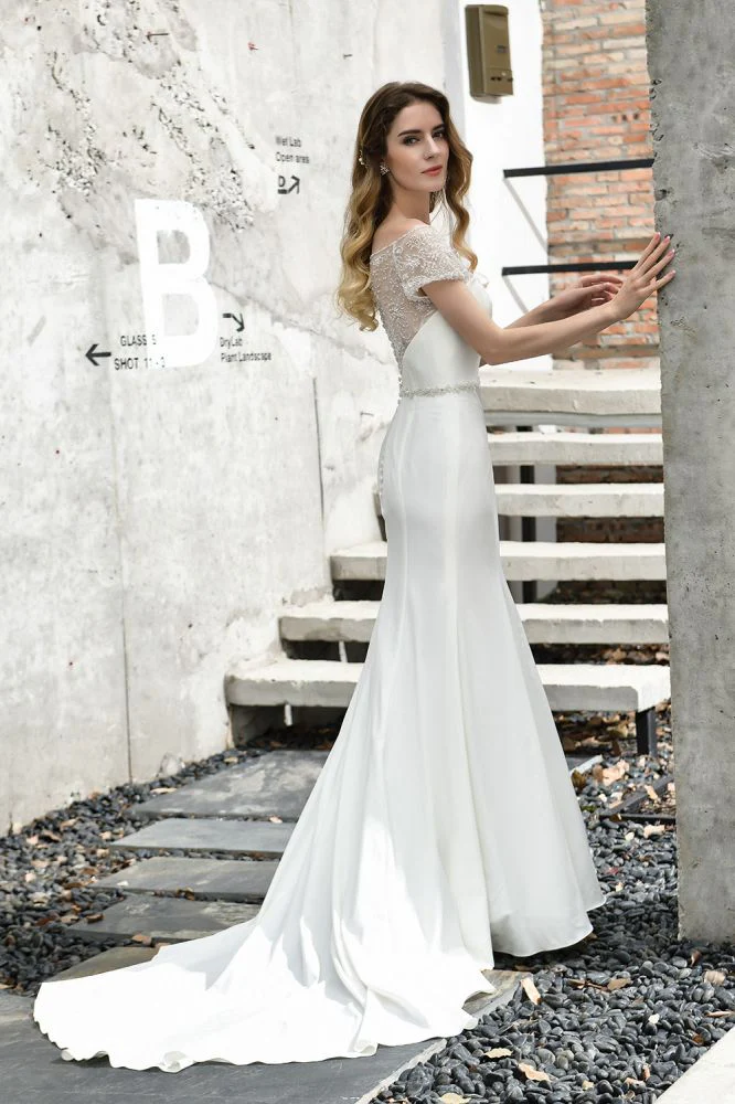Floral Beaded Cap Sleeve Mermaid Lace Ivory Wedding Dress with Chapel Train - Image 7