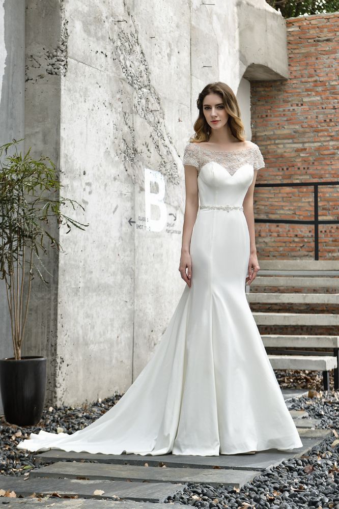 Floral Beaded Cap Sleeve Mermaid Lace Ivory Wedding Dress with Chapel Train - Image 8