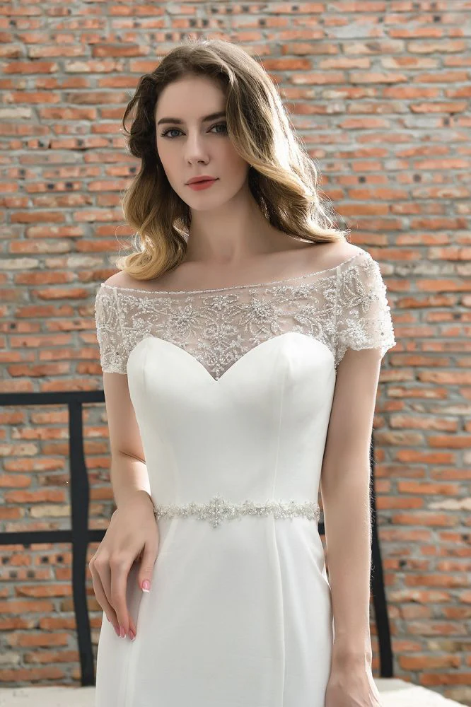 Floral Beaded Cap Sleeve Mermaid Lace Ivory Wedding Dress with Chapel Train - Image 9