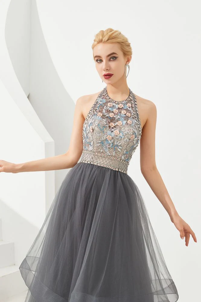 Floral Halter Evening Dress with Sparkle Beads Trendy Gray Mother of the bride Dress with watermelon and blue decorations - Image 3
