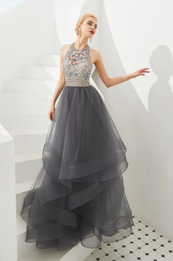 Floral Halter Evening Dress with Sparkle Beads Trendy Gray Mother of the bride Dress with watermelon and blue decorations - Image 4