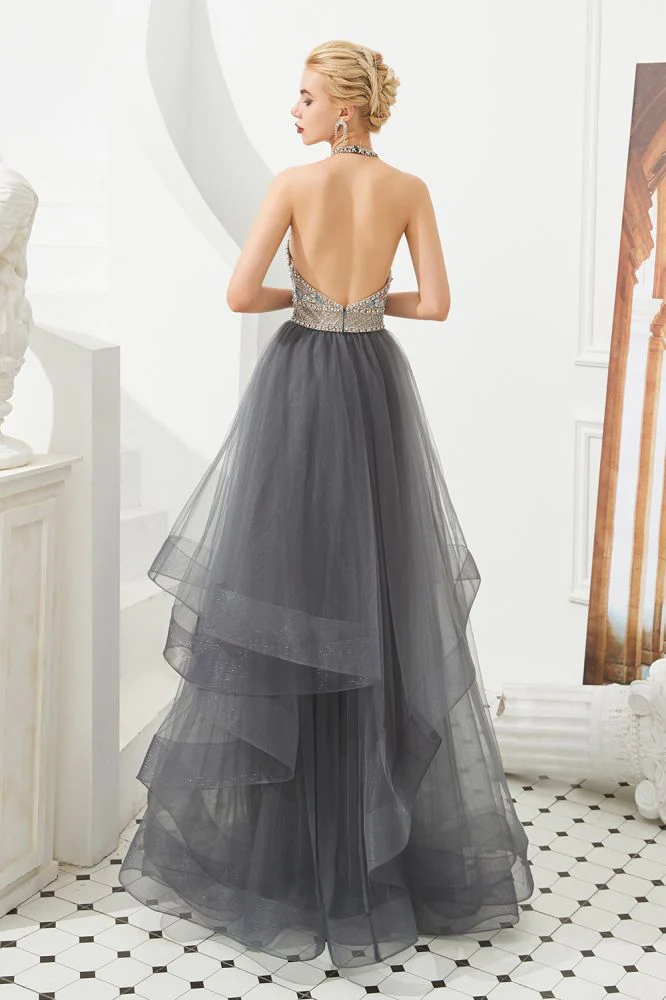 Floral Halter Evening Dress with Sparkle Beads Trendy Gray Mother of the bride Dress with watermelon and blue decorations - Image 5