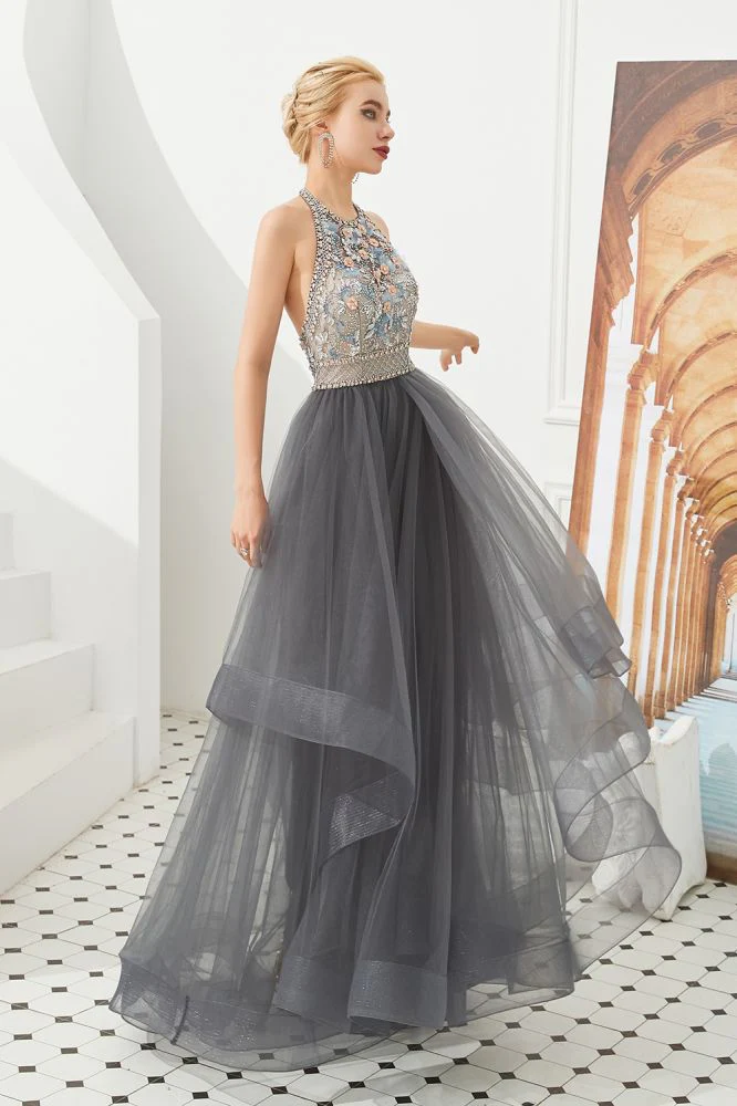 Floral Halter Evening Dress with Sparkle Beads Trendy Gray Mother of the bride Dress with watermelon and blue decorations - Image 6