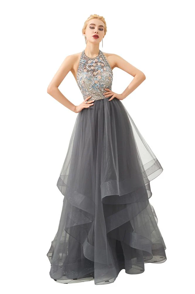 Floral Halter Evening Dress with Sparkle Beads Trendy Gray Mother of the bride Dress with watermelon and blue decorations - Image 7