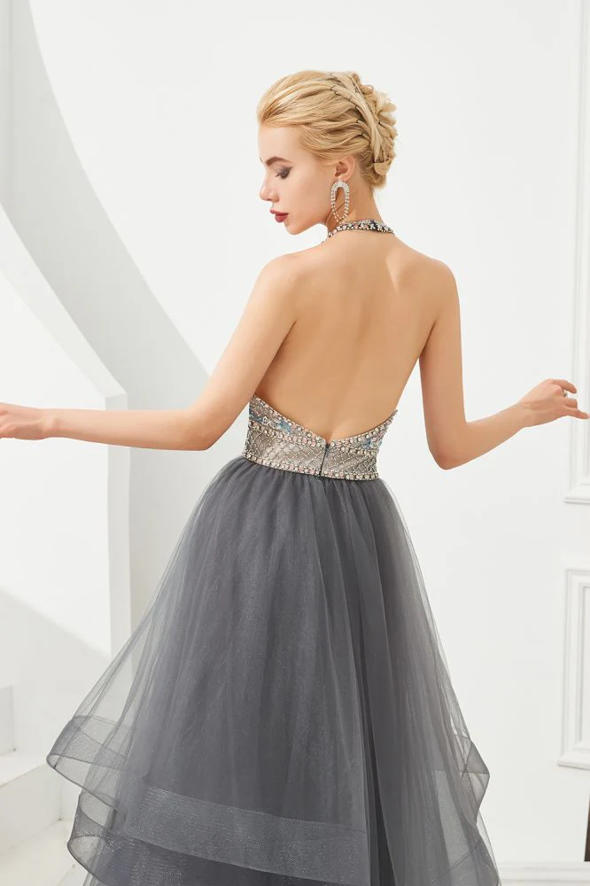 Floral Halter Evening Dress with Sparkle Beads Trendy Gray Mother of the bride Dress with watermelon and blue decorations - Image 8