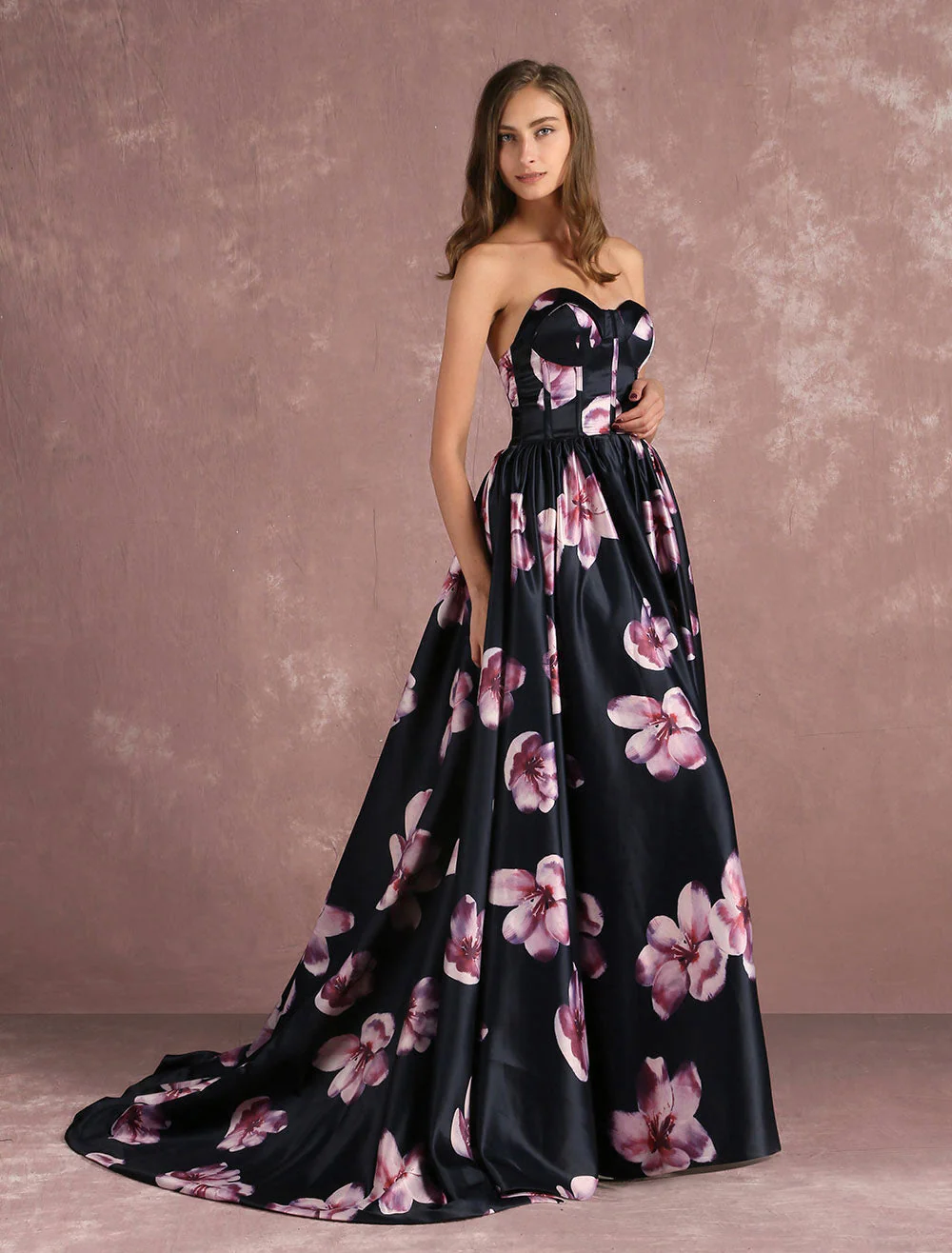 Stunning Floral Pageant Dress Black Sweatheart Strapless Long evening dress Boned Printed Chapel Train Occasion Dress - Image 2