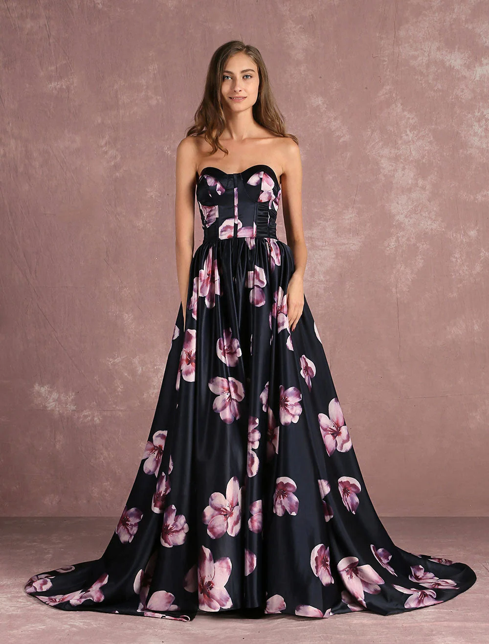 Stunning Floral Pageant Dress Black Sweatheart Strapless Long evening dress Boned Printed Chapel Train Occasion Dress - Image 3