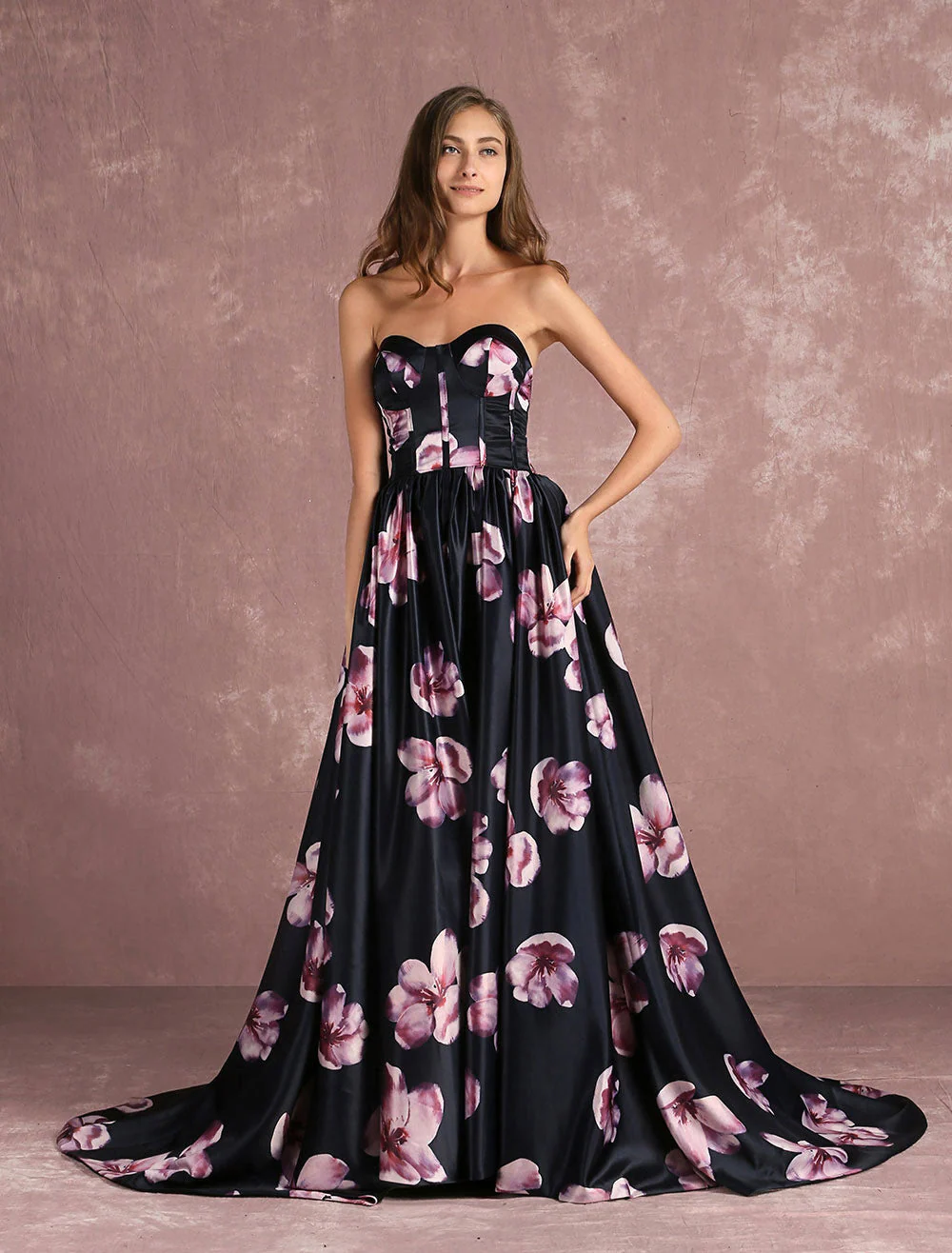Stunning Floral Pageant Dress Black Sweatheart Strapless Long evening dress Boned Printed Chapel Train Occasion Dress - Image 4