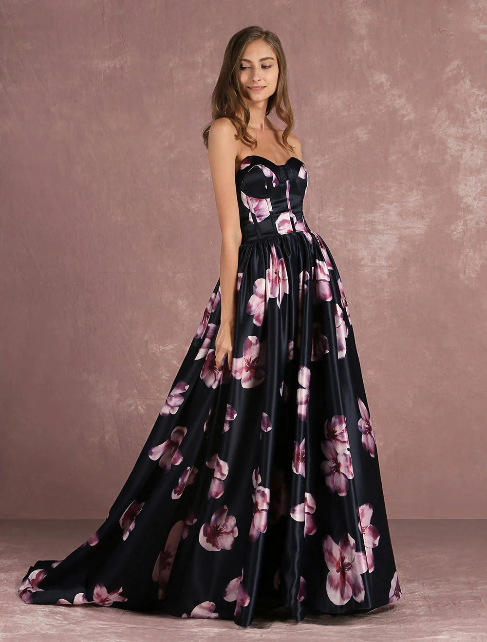 Stunning Floral Pageant Dress Black Sweatheart Strapless Long evening dress Boned Printed Chapel Train Occasion Dress - Image 5