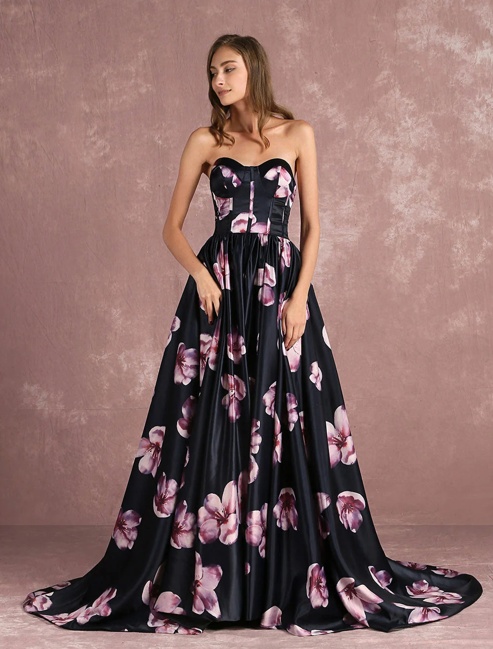 Stunning Floral Pageant Dress Black Sweatheart Strapless Long evening dress Boned Printed Chapel Train Occasion Dress - Image 6