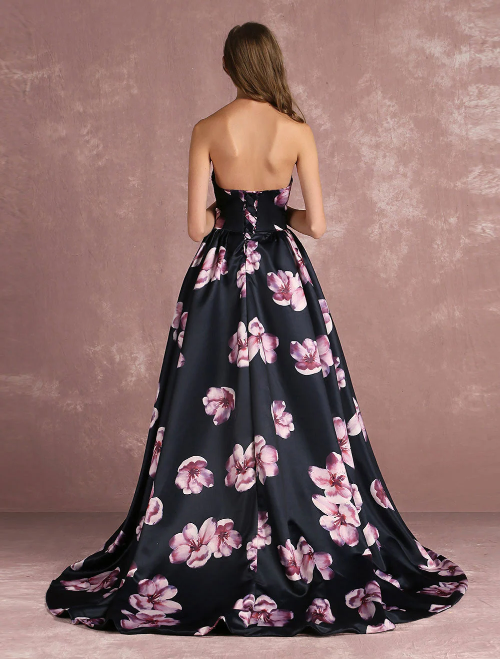 Stunning Floral Pageant Dress Black Sweatheart Strapless Long evening dress Boned Printed Chapel Train Occasion Dress - Image 7