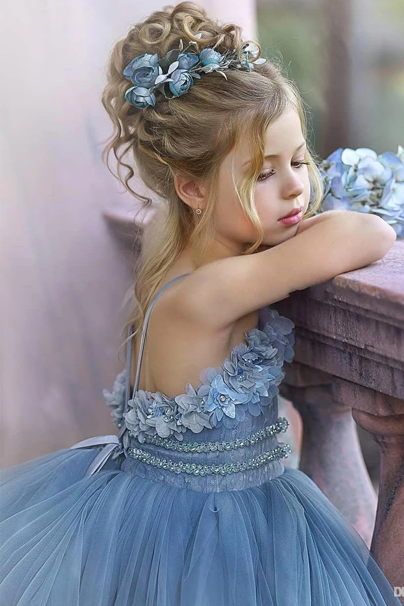 Floral Strapless Dusty Blue Ruffles Puffy Princess Flower Girl Dresses - Image 2