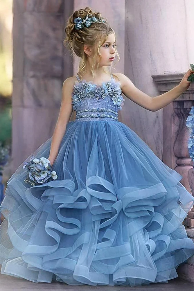 Floral Strapless Dusty Blue Ruffles Puffy Princess Flower Girl Dresses - Image 3