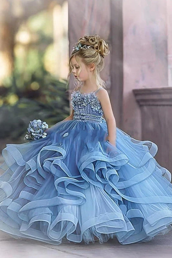 Floral Strapless Dusty Blue Ruffles Puffy Princess Flower Girl Dresses - Image 4