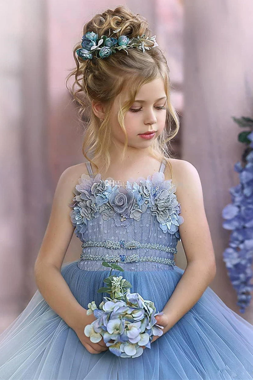 Floral Strapless Dusty Blue Ruffles Puffy Princess Flower Girl Dresses - Image 5