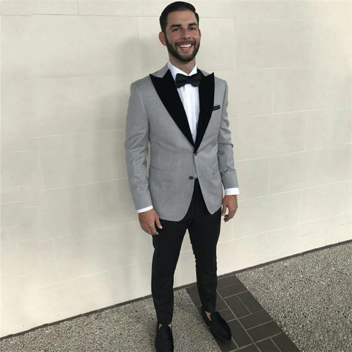 Formal Grey Slim Fit Business Mens Suits with Black Peaked Lapel - Image 2