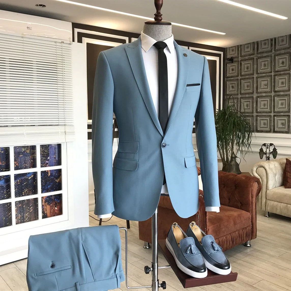 Sky Blue Peaked Lapel 3 Flaps Mens Prom Outfits - Image 2