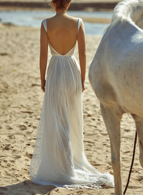 Front Split Chic A-line V-Neck Backless Pleated Tulle Wedding Dresses - Image 2