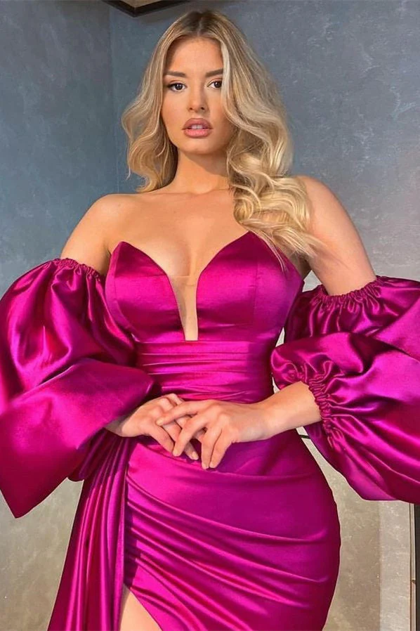 Fuchsia Detachable Sleeves Mermaid Prom Dress Slit With Ruffles - Image 2