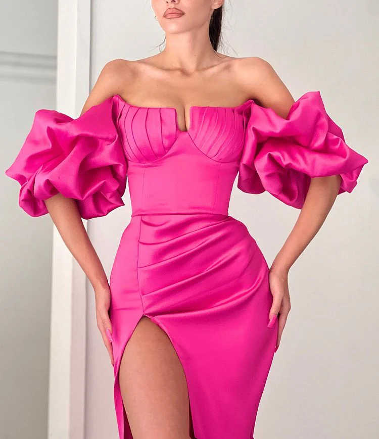 Fuchsia Off-the-shoulder Bubble Sleeves High split Long Mermaid Prom Dress - Image 2