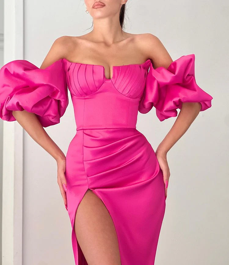 Fuchsia Off-the-shoulder Bubble Sleeves High split Long Mermaid Prom Dress - Image 3