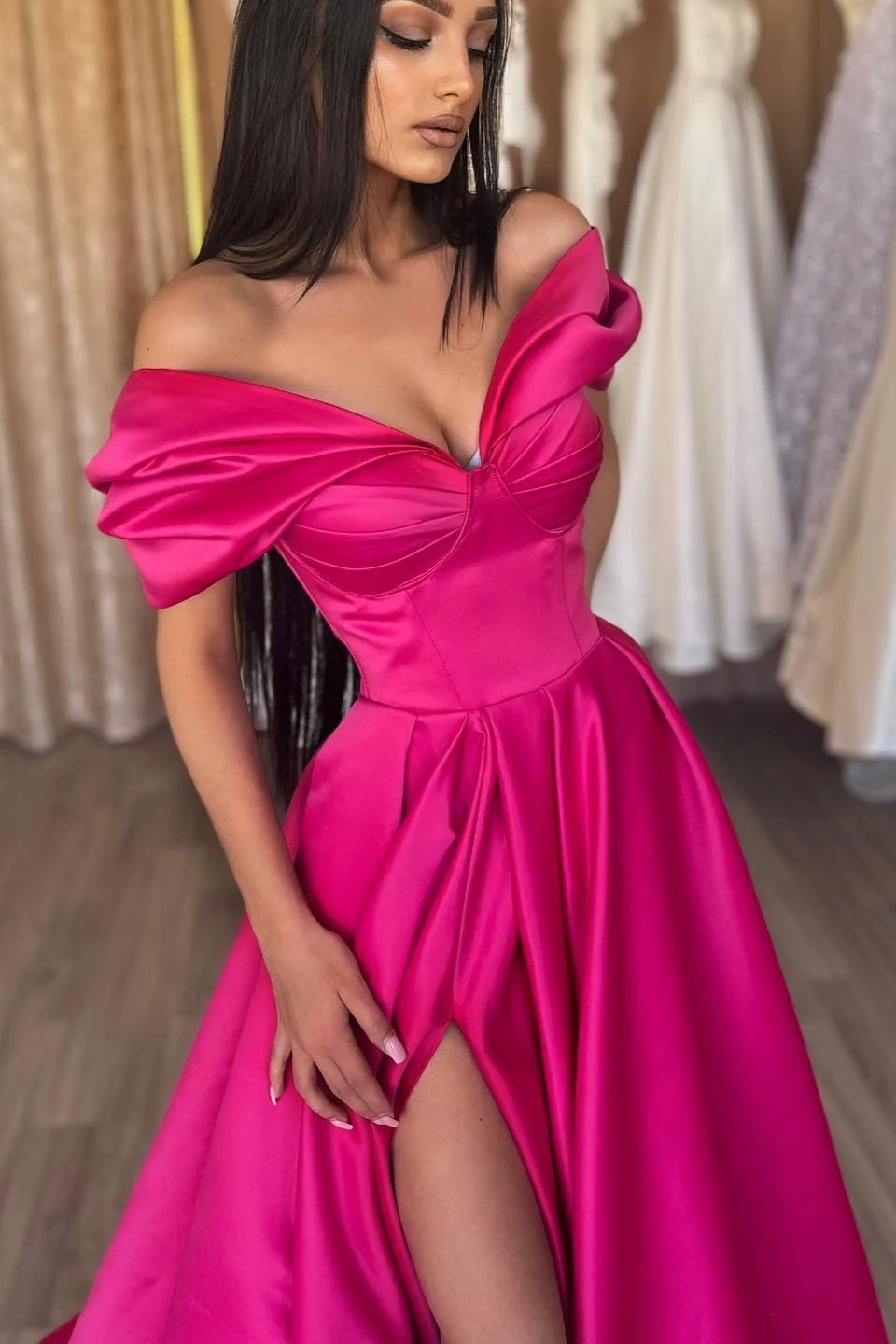 Fuchsia Off-the-Shoulder Prom Dress Long Split V-Neck - Image 2
