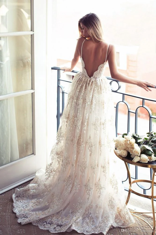 Full Lace Open Back Wedding Dresses Modern Spaghetti Straps Summer Bridal Gowns - Image 2