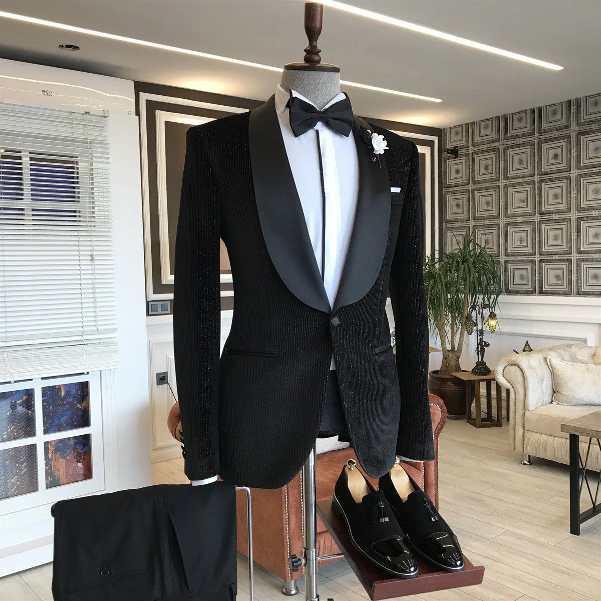 Gentle Black Velvet Shawl Lapel With One Button Slim Fit Wedding Suits - Image 2