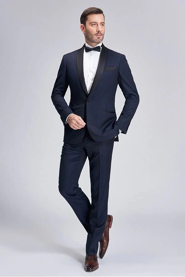 Gentle Blue Dots Shawl Lapel Wedding Tuxedos Dark Navy Wedding Suits for Men - Image 3
