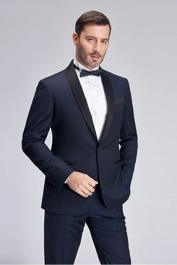 Gentle Blue Dots Shawl Lapel Wedding Tuxedos Dark Navy Wedding Suits for Men - Image 8