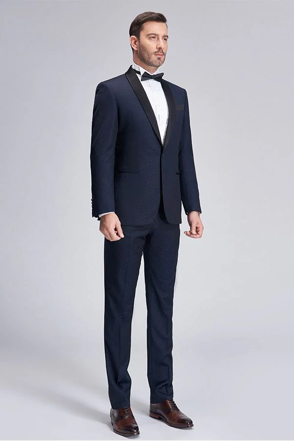 Chic  Blue Dots Shawl Lapel Wedding Tuxedos Dark Navy Wedding Suits for Men - Image 2