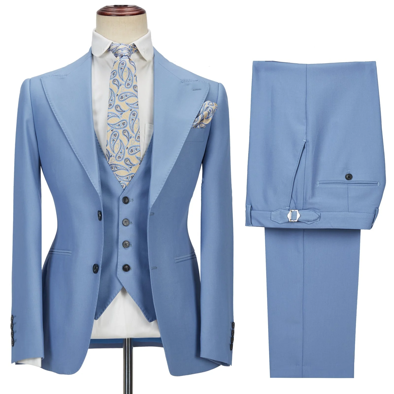 Gentle Blue Peak Lapel Men Suit Three-piece Men Formal Suit without Flap - Image 5