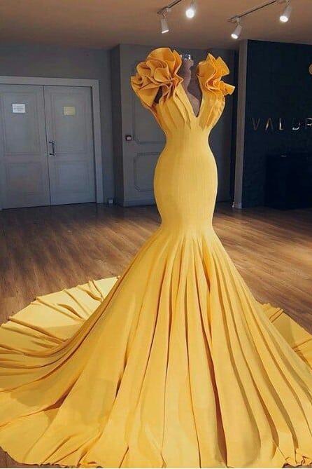 Ginger Yellow Fit and Flare Prom Dresses Ruffles Court Train Wholesale Evening Gowns - Image 2