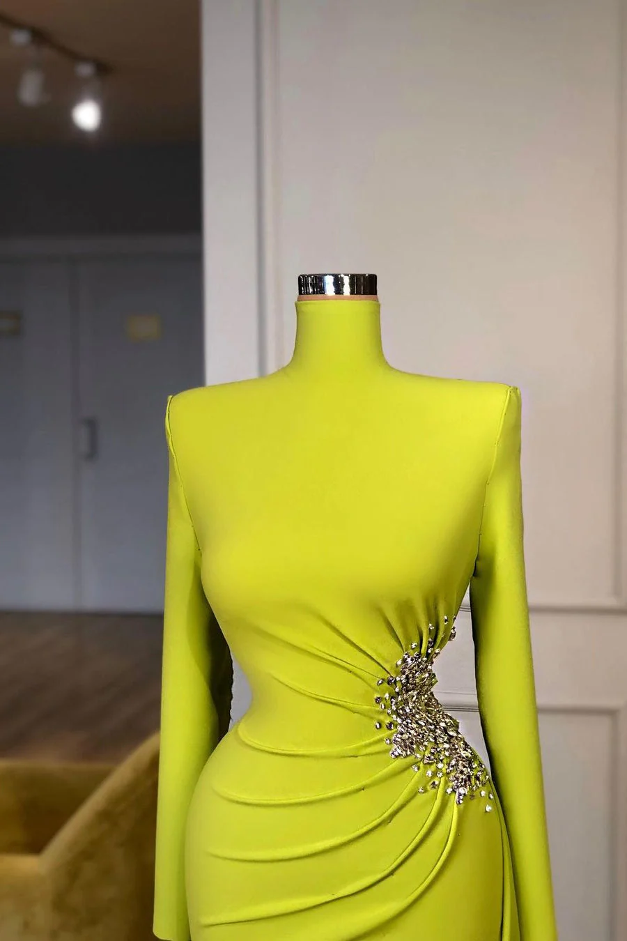 Ginger yellow High-neck Long-sleeves Metallic Beaded Mermaid Prom Dress - Image 2
