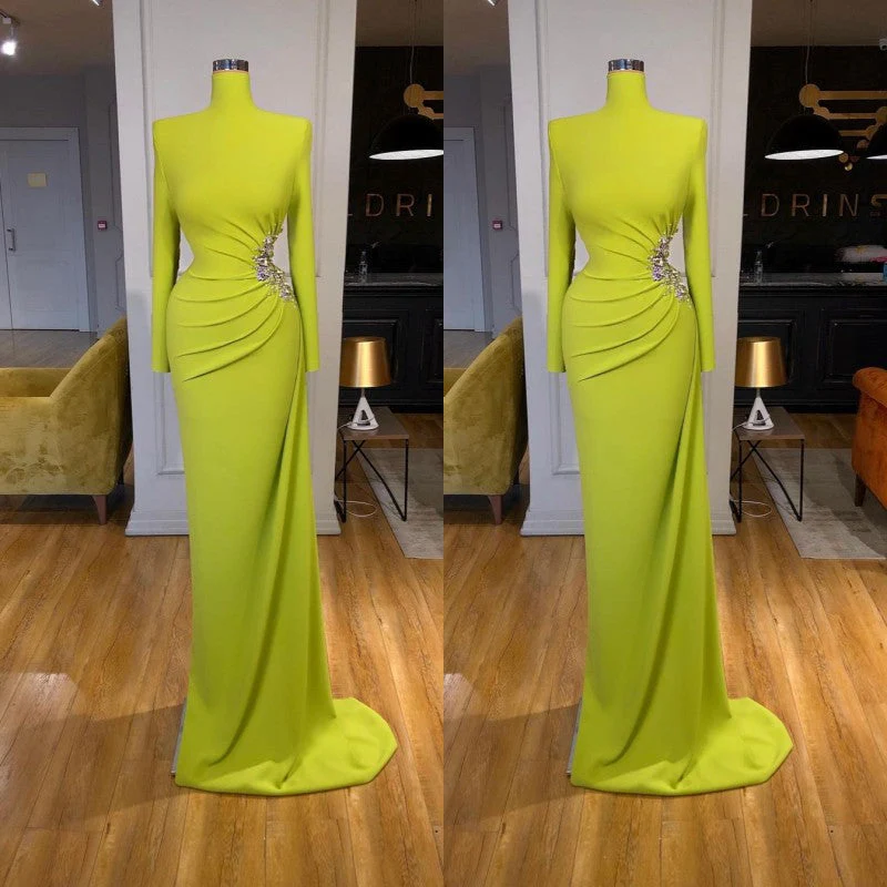 Ginger yellow High-neck Long-sleeves Metallic Beaded Mermaid Prom Dress - Image 3